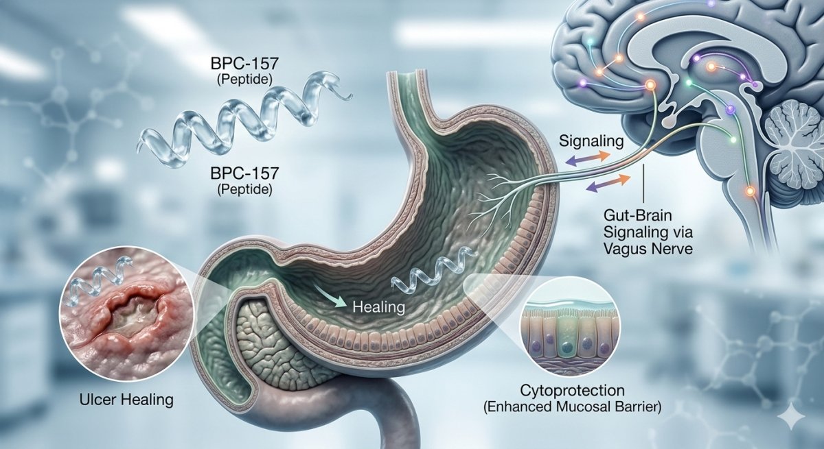 BPC-157 gastrointestinal system research covering cytoprotection ulcer healing and gut-brain signaling