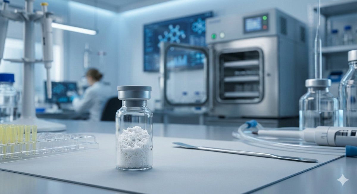 Lyophilized peptide vial showing freeze-dried cake structure for laboratory research storage