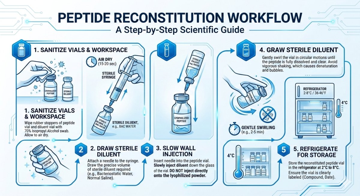 Laboratory reconstitution of lyophilized peptide with syringe and vial