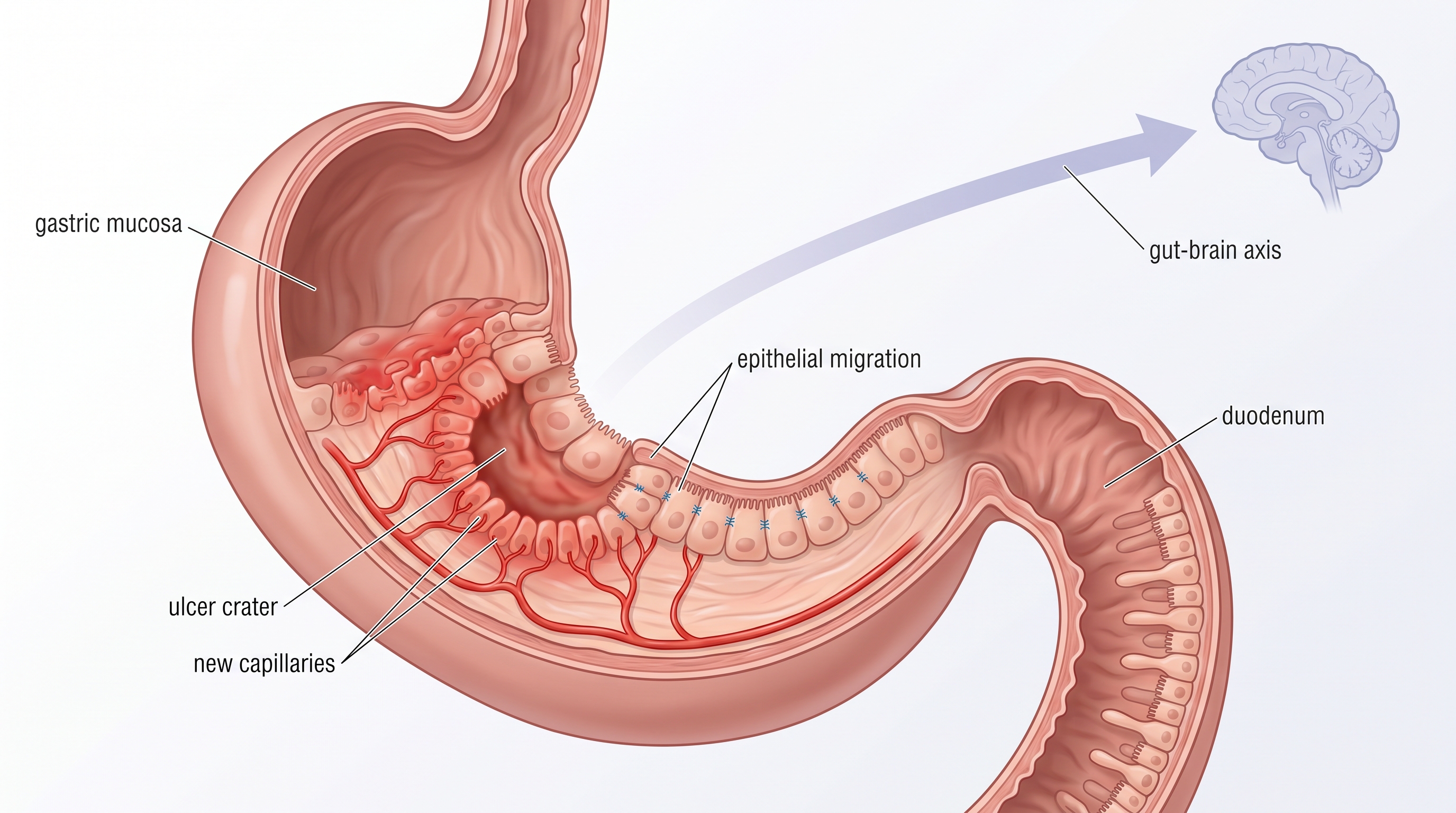 BPC-157 gastrointestinal system research covering cytoprotection ulcer healing and gut-brain signaling