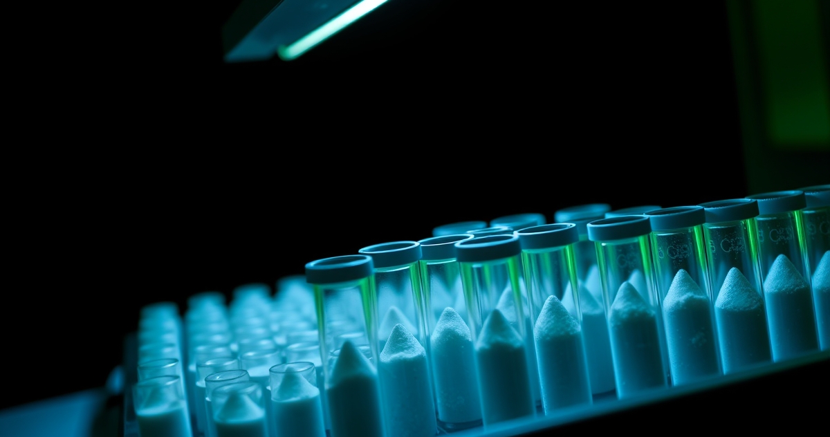 Lyophilized peptide vial showing freeze-dried cake structure for laboratory research storage