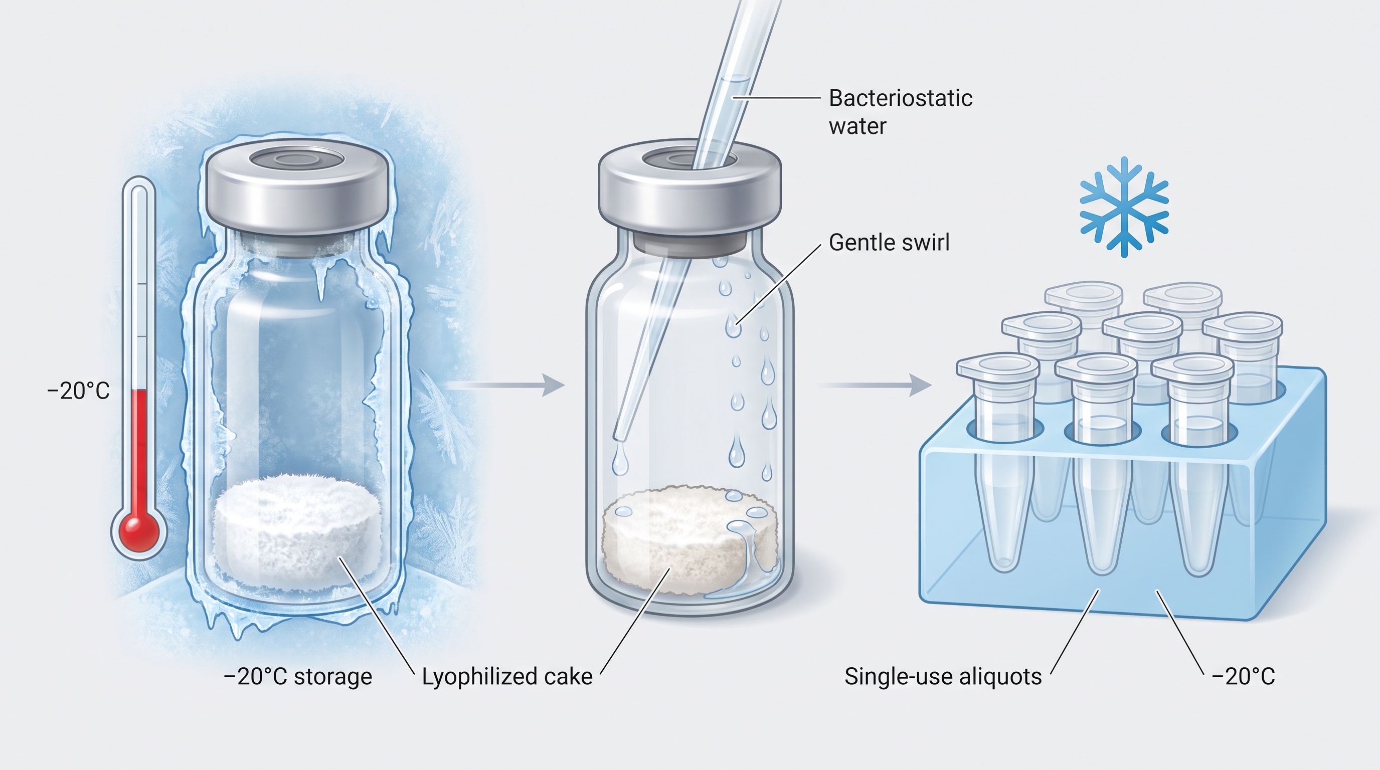 TB-500 handling and storage guide showing lyophilized peptide vial reconstitution and proper laboratory storage conditions